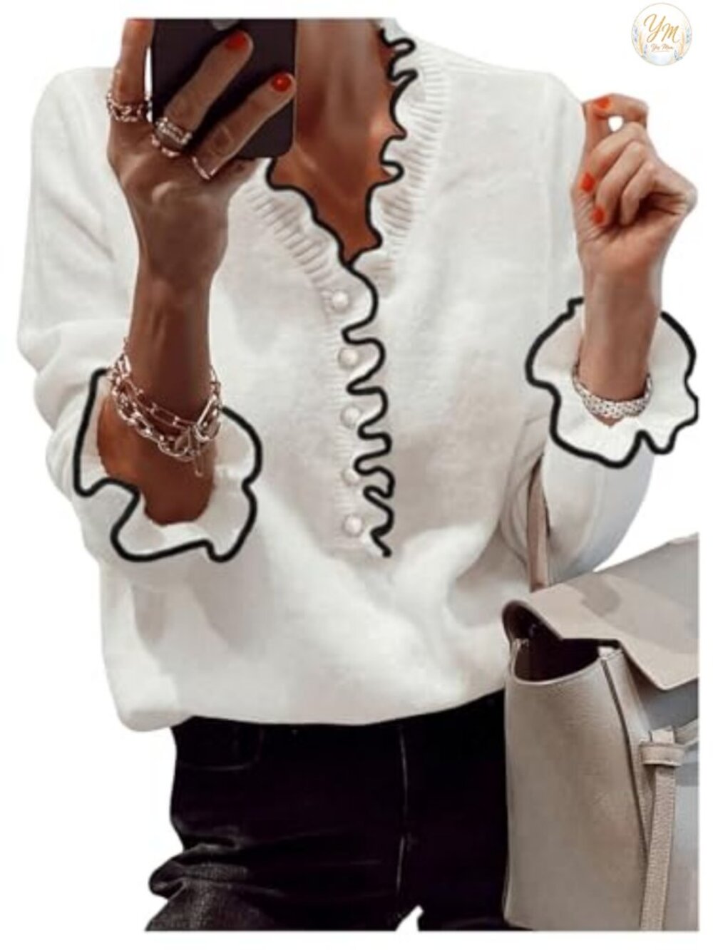 Women's Long Sleeve Ruffle Sweater V-Neck Pearl Button Pullover